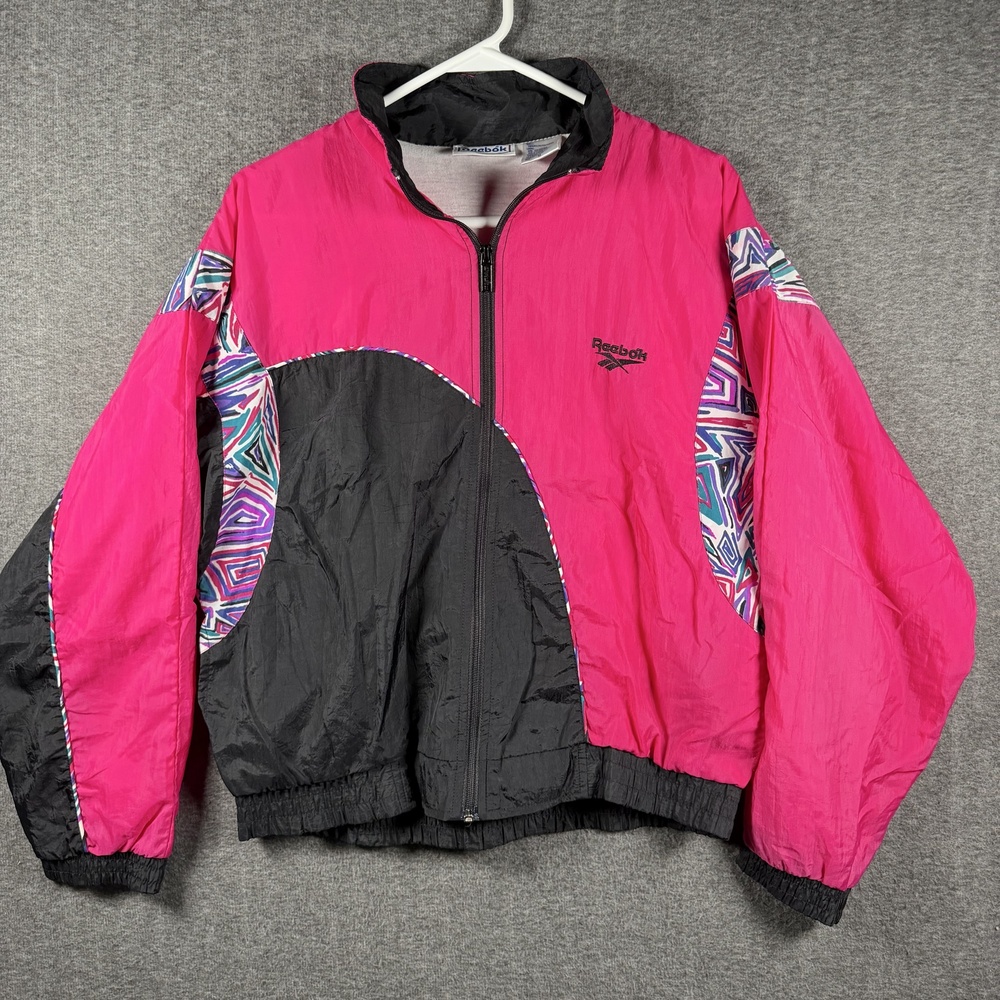 Vintage Reebok Jacket Mens Medium Pink Black Colorblock Nylon Windbreaker 90s